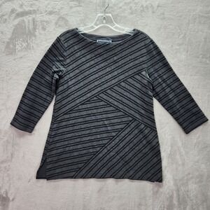 Karen Scott Tunic Womens Small‎ Gray Striped 3/4 Sleeve Boat Neck Comfy Casual